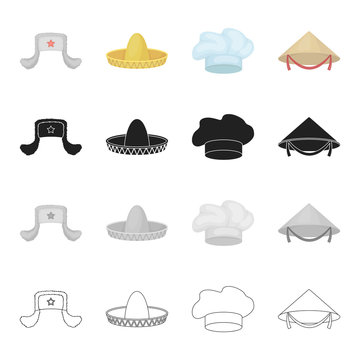 Sombrero, the cap of a cook, a Chinese cone , a fur hat.Hats set collection icons in cartoon black monochrome outline style vector symbol stock illustration web.