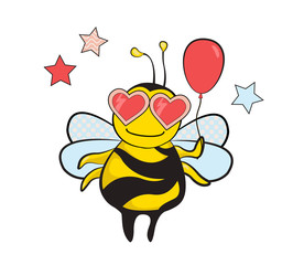 Bee party. A cute bee in heart shaped sunglasses holding a pink balloon, a cartoon illustration.