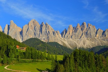 Santa Magdalena village in front of Dolomites Group, Val di Funes, Italy, 