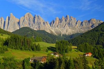 Santa Magdalena village in front of Dolomites Group, Val di Funes, Italy, 