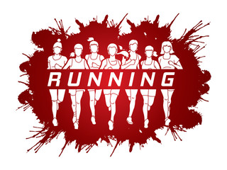 Marathon runners, Group of women running with text running designed on splatter blood background graphic vector.