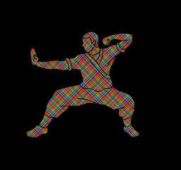 Kung fu action ready to fight designed using colorful pixels graphic vector.