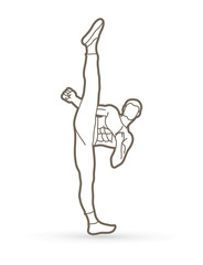 Kung fu, Karate high kick front view outline graphic vector.