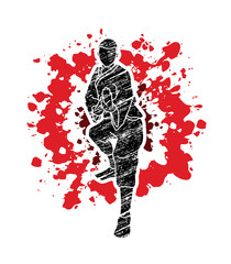 Kung fu action ready to fight front view designed on splatter bloodl background graphic vector.