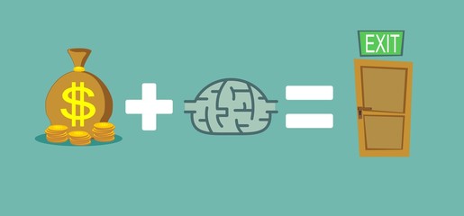 Money and brain helps to find a way out. Way to exit concept. Stock flat vector illustration.