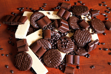 Sweet composition of porous chocolate cookies waffles and dragee III