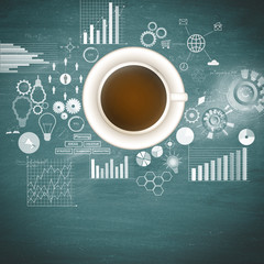 fresh coffee on the table with graph and business strategy sketches 
