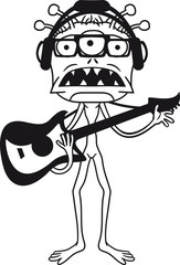 gitarre spielen musik party band konzert feiern tanzen cool großer kopf gesicht monster fressen böse alien süß niedlich horror ausserirdischer halloween comic cartoon