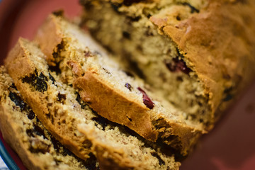 Fresh baked banana bread with fruit and nuts