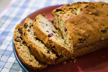Fresh baked banana bread with fruit and nuts