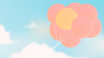 Obraz premium Outstanding yellow balloon among pink balloons flying over bright blue sky