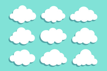 Set of white clouds with shadow collection vector icons isolated on blue background