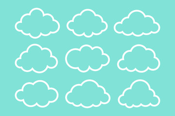 Set of white clouds with outline collection vector icons isolated on blue background