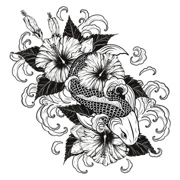 Koi fish and Hibiscus tattoo by hand drawing.Tattoo art highly detailed in line art style.