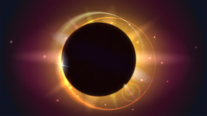 Glow light effect. The planet covering the Sun in eclipse, Moon passes between planet Earth and Sun. Solar eclipse, astronomical phenomenon - full sun eclipse. Light rays and lens flare backdrop.
