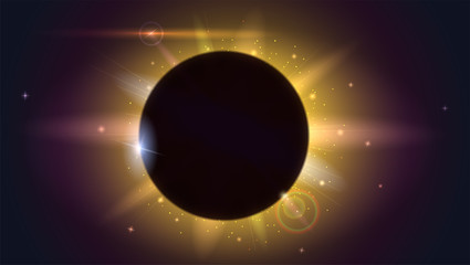 Glow light effect. Star burst with sparkles. Solar eclipse, astronomical phenomenon - full sun eclipse. Light rays and lens flare horizontal backdrop. The planet covering the Sun in eclipse