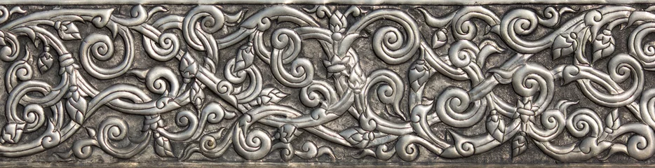 Fototapeten Pattern of silver metal plate with flower carved background, Thai style in temple © aopsan