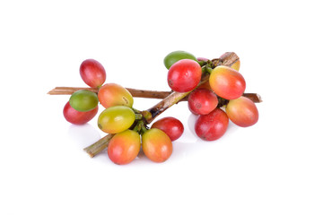 fresh coffee beans with stem on white background