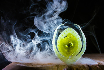 eine künstlerische Darstellung von einer Scheibe Fenchel vor schwarzem Hintergrund