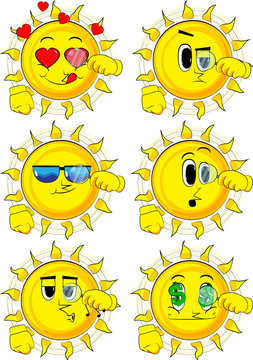 Cartoon sun holding a magnifying glass. Collection with various facial expressions. Vector set.