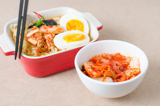 Korean food,Instant noodles and kimchi cabbage with chopsticks for eating