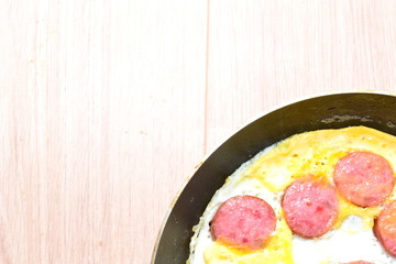 Fried eggs with sausage.