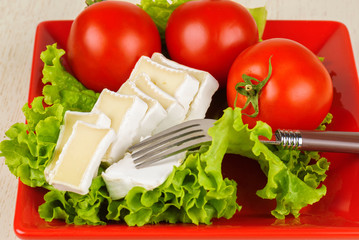 Tomatoes and cheese slices lie on a sheet of fresh salad in a red plate.