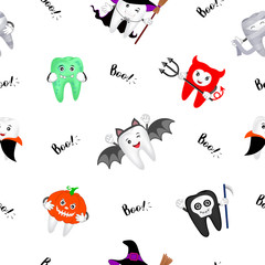 Cute cartoon tooth character design seamless pattern. Happy Halloween concept with Dracula, skull, ghost, bat, devil and mummy.  Illustration isolated on white background.