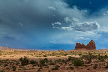 Dramatic cloudscape and storm sky in the Arches National Park, Utah, in summer