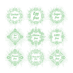 Lactose ,GMO, Gluten, Trans fat, Corn, Peanut,  Nut,  Sugar,  Egg  free. Food dietary labels. Vector illustration.