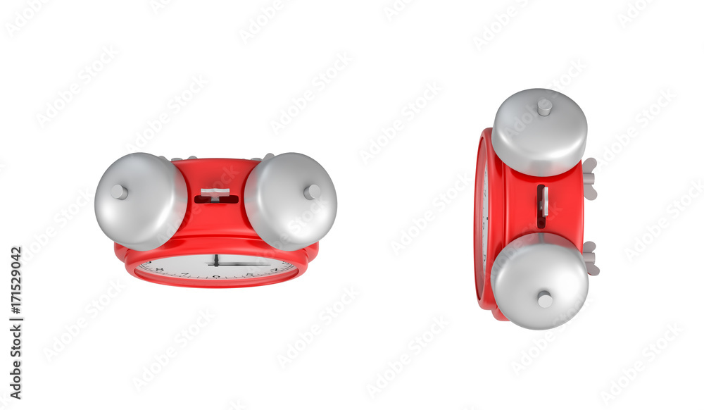 Poster 3d rendering of a red vintage alarm clock with double metal bells in top view on white background.