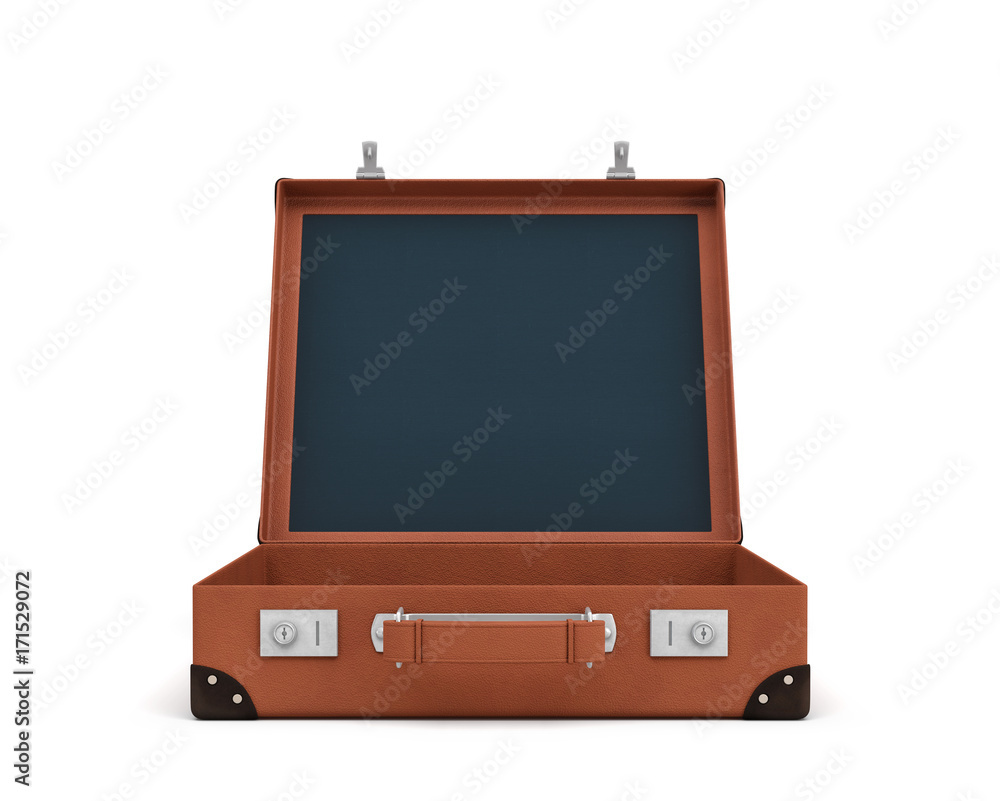Poster 3d rendering of an open brown retro suitcase revealed to hold nothing.