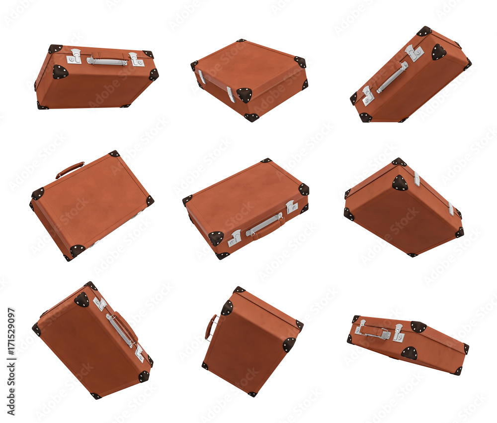Poster 3d rendering of many brown vintage suitcases in closed state hanging on white background in differen