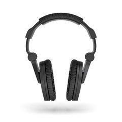 3d rendering of black padded headphones with a headband hanging on white background.