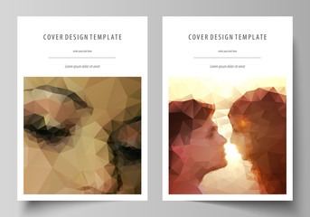 Business templates for brochure, magazine, flyer. Cover design template, abstract vector layout in A4 size. Romantic couple kissing. Beautiful background. Geometrical pattern in triangular style.