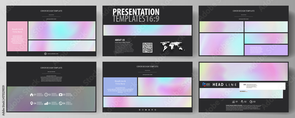 Poster Business templates in HD format for presentation slides. Vector layouts in abstract design. Hologram, background in pastel colors with holographic effect. Blurred colorful pattern, futuristic texture.