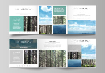 Templates for tri fold square design brochures. Leaflet cover, vector layout. Colorful background made of triangular or hexagonal texture, travel business, natural landscape, polygonal style.