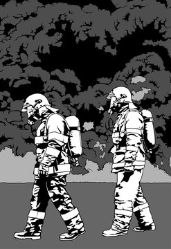 Firefighters and a Big Fire in the Background - Black and White Illustration, Vector