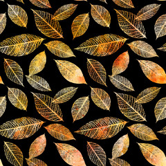 Fototapety  Bezszwowe tło wzór złotych przyciemnionych liści akwareli