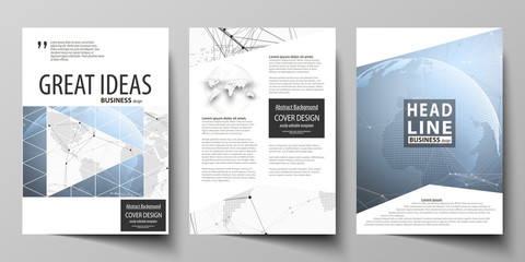 The vector illustration of the editable layout of three A4 format modern covers design templates for brochure, magazine, flyer, booklet. World globe on blue. Global network connections, lines and dots