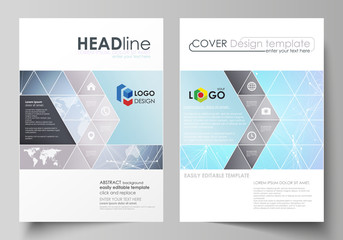The vector illustration of the editable layout of two A4 format covers with triangles design templates for brochure, flyer, booklet. Polygonal texture. Global connections, futuristic geometric concept