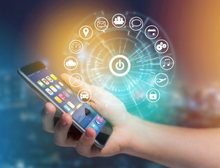 Home button of a technology interface surrounded by application - technology app concept