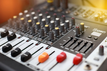 Closeup of an audio sound mixer.