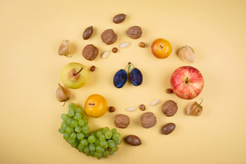 Autumn fruits and nuts on yellow background.