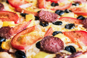 pizza with salami, mushrooms and cheese homemade. shallow depth of field. soft focus