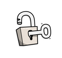 Opening Padlock With a Key, a hand drawn vector cartoon illustration of an opened padlock.