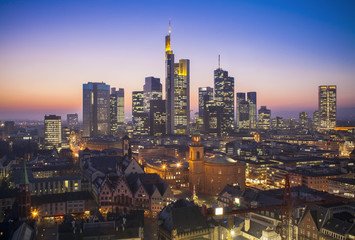 Fototapeta na wymiar Frankfurt am Main cityscape at night, aerial view
