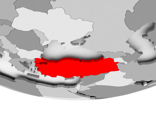 Map of Turkey on grey political globe