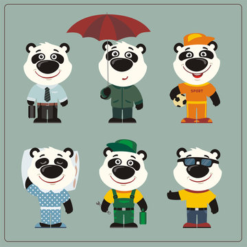 Set funny Panda bear in different clothing: sportsman, worker, manager, summer, autumn, sleepwear. Collection isolated Panda Bear in clothing in cartoon style.