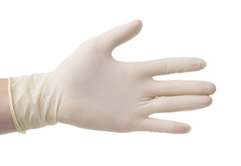 Man hand putting on surgical gloves-isolation over white bacgkround with clipping path.